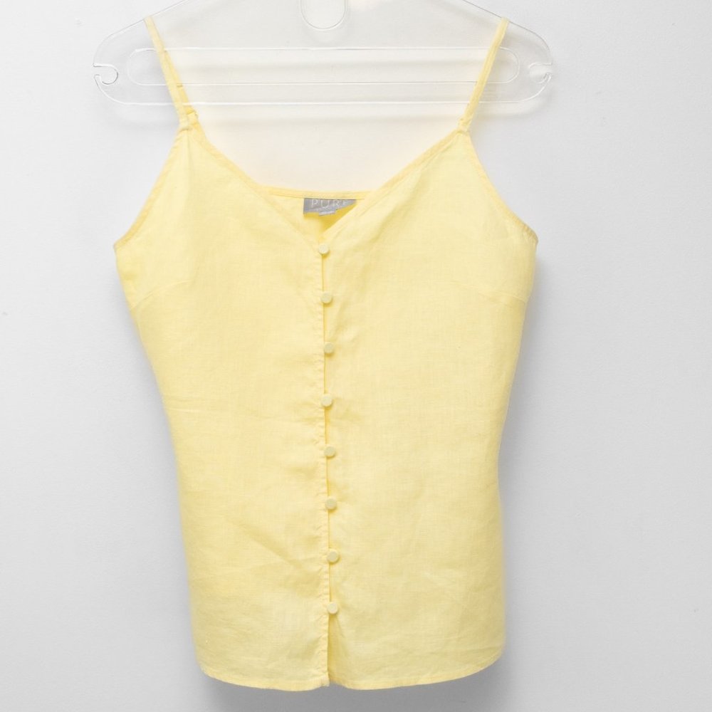 Pure Collection Tank 100% Linen Top Button Front Spaghetti Straps Yellow Size 2